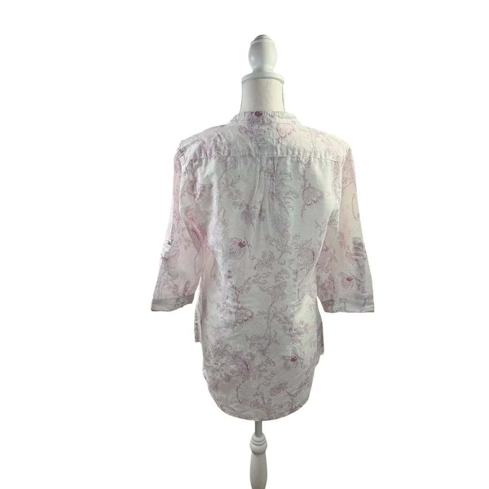 Malvin White Linen Purple Floral Notch Neck 3/4 Roll Tab Sleeve Tunic Top Medium